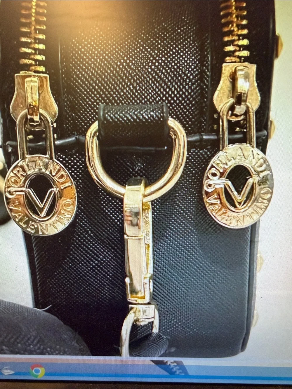 Valentino Orlandi Black Camera bag double zip with Gold V Emblem and Studs